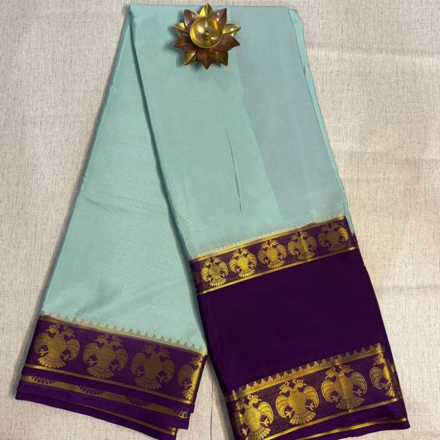Sea green and Purple Ganda berunda boarder Mysore Crape Semi