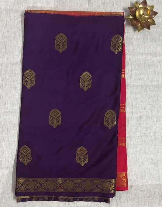 Rani pink and Blue boarder butta Mysore Crape Semi