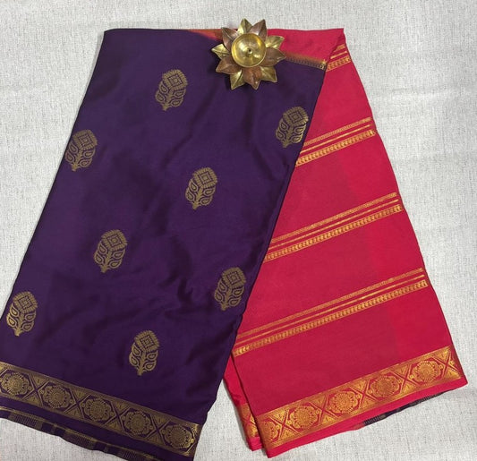 Rani pink and Blue boarder butta Mysore Crape Semi