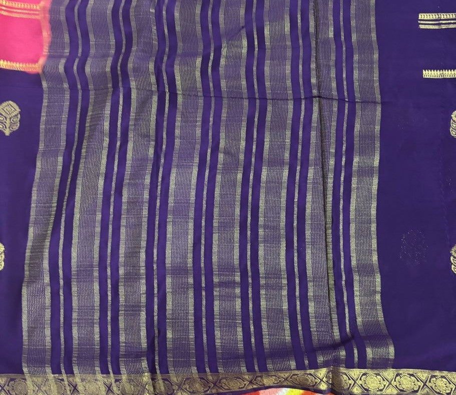 Rani pink and Blue boarder butta Mysore Crape Semi