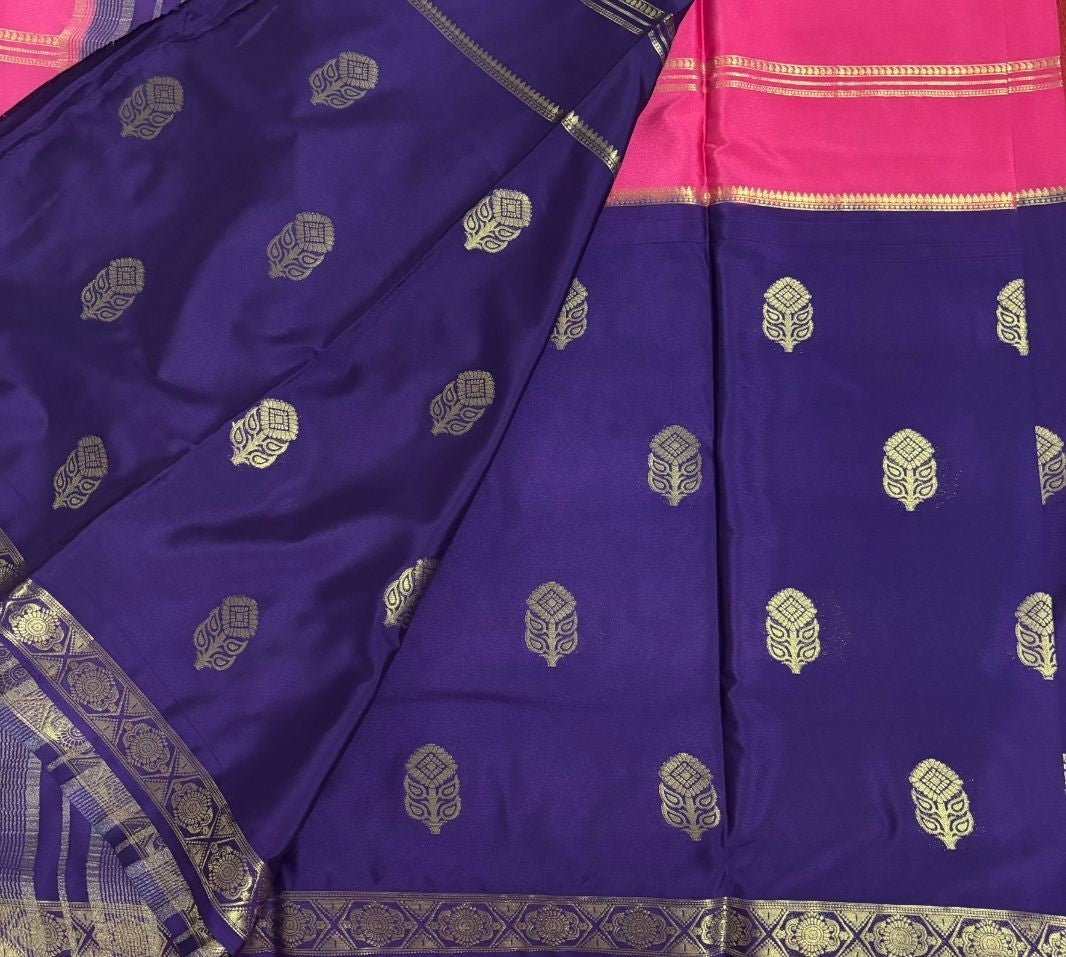 Rani pink and Blue boarder butta Mysore Crape Semi