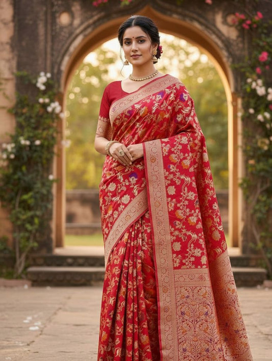 Red Banarasi Mashru Katan Silk Saree (Handloom)