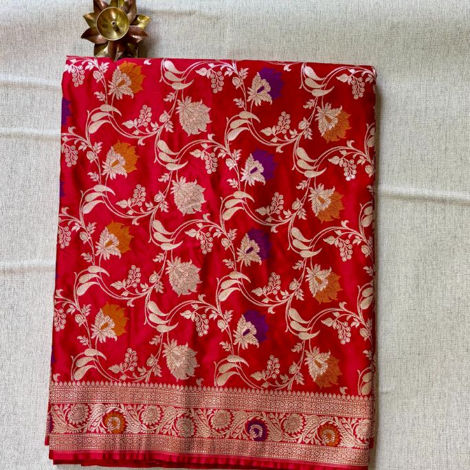 Red Banarasi Mashru Katan Silk Saree (Handloom)