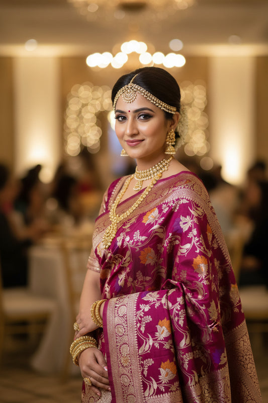 Wine Banarasi Mashru Katan Silk Saree (Handloom)