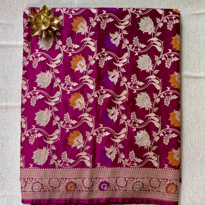 Wine Banarasi Mashru Katan Silk Saree (Handloom)