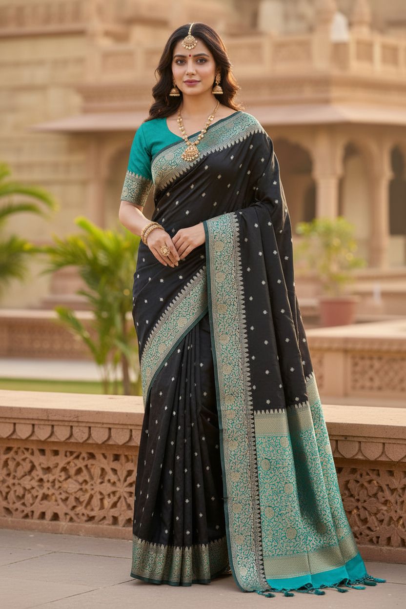 Black Banarasi Embroidery Mashru Katan Silk Saree with Blue border (Handloom)