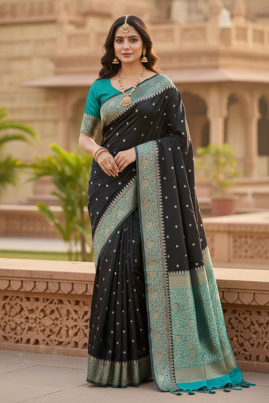 Black Banarasi Embroidery Mashru Katan Silk Saree with Blue border (Handloom)