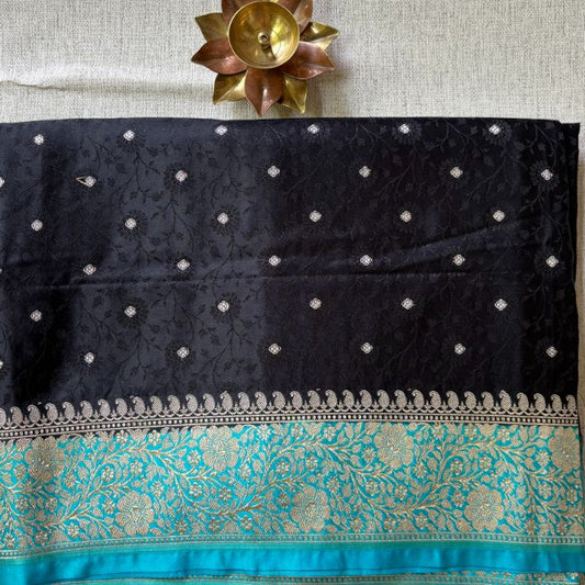 Black Banarasi Embroidery Mashru Katan Silk Saree with Blue border (Handloom)