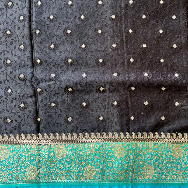 Black Banarasi Embroidery Mashru Katan Silk Saree with Blue border (Handloom)