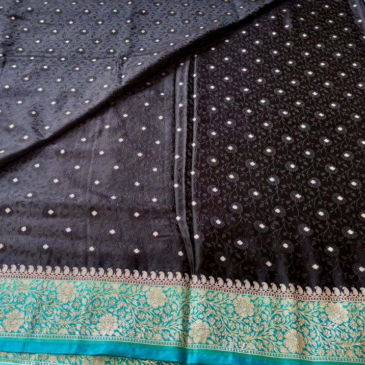 Black Banarasi Embroidery Mashru Katan Silk Saree with Blue border (Handloom)