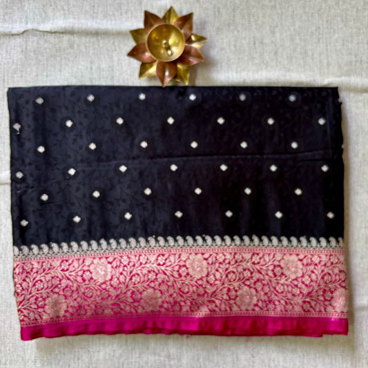 Black Banarasi Embroidery Mashru Katan Silk Saree with Rani pink border (Handloom)