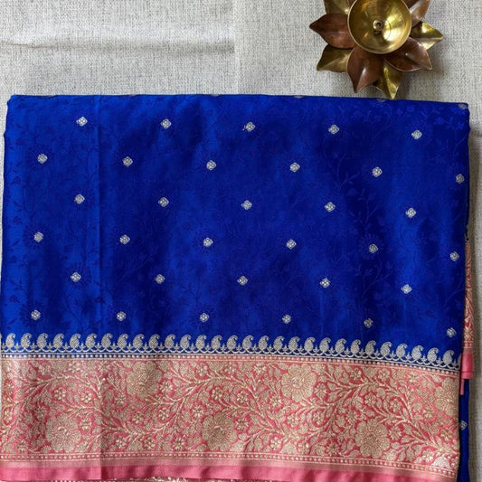 Blue Banarasi Embroidery Mashru Katan Silk Saree with pink border (Handloom)