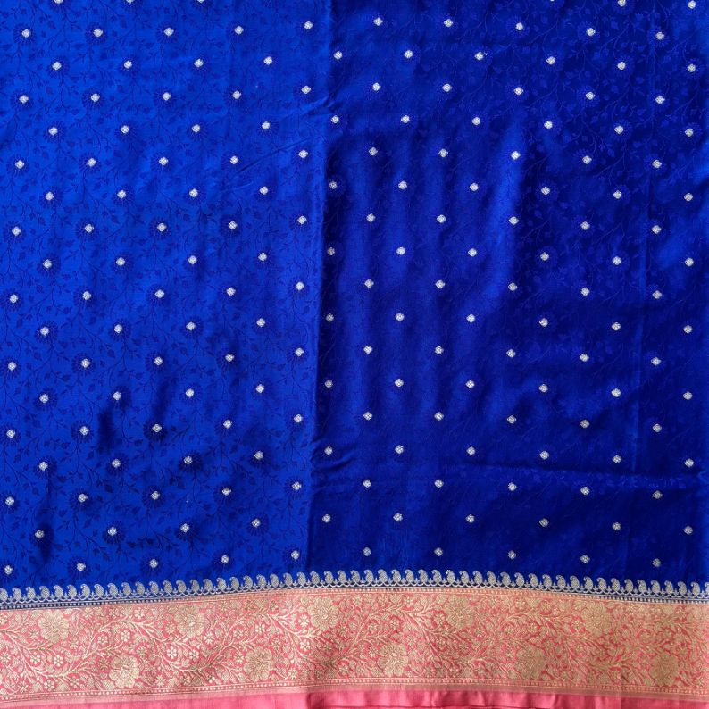 Blue Banarasi Embroidery Mashru Katan Silk Saree with pink border (Handloom)