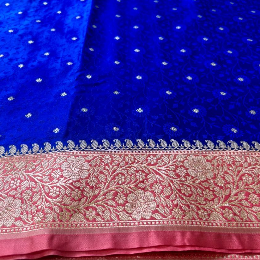 Blue Banarasi Embroidery Mashru Katan Silk Saree with pink border (Handloom)