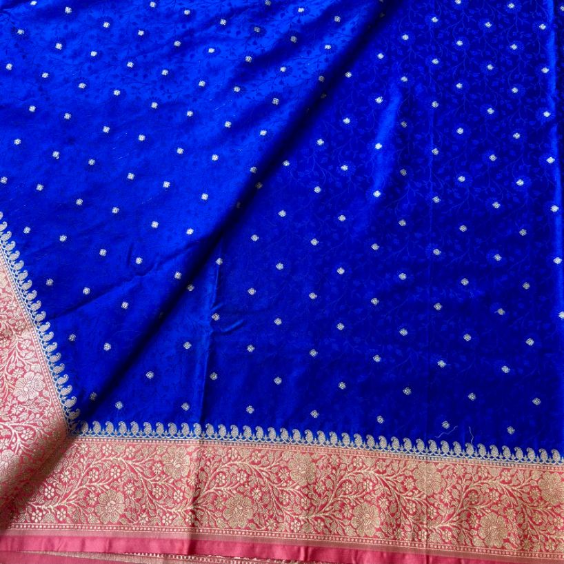 Blue Banarasi Embroidery Mashru Katan Silk Saree with pink border (Handloom)