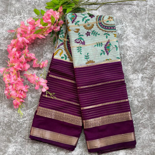 Mint green with wine digital print Mysore crape silk semi