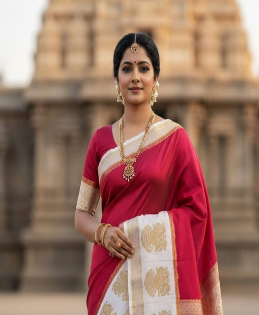 Rani pink and white ganda berunda bentex mysore crape silk semi