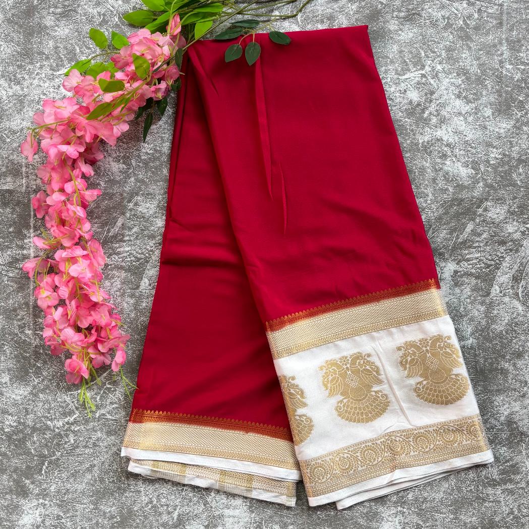 Rani pink and white ganda berunda bentex mysore crape silk semi