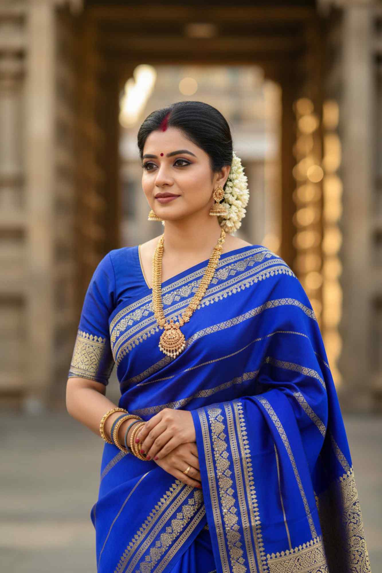 Blue stripes premium mysore crape semi silk saree