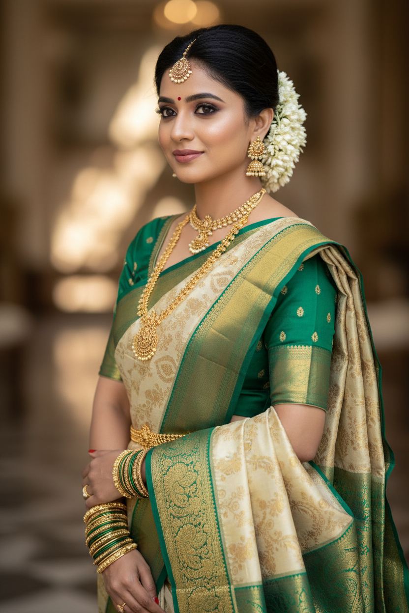 Off white and Emerald green pure mix kanjivaram saree