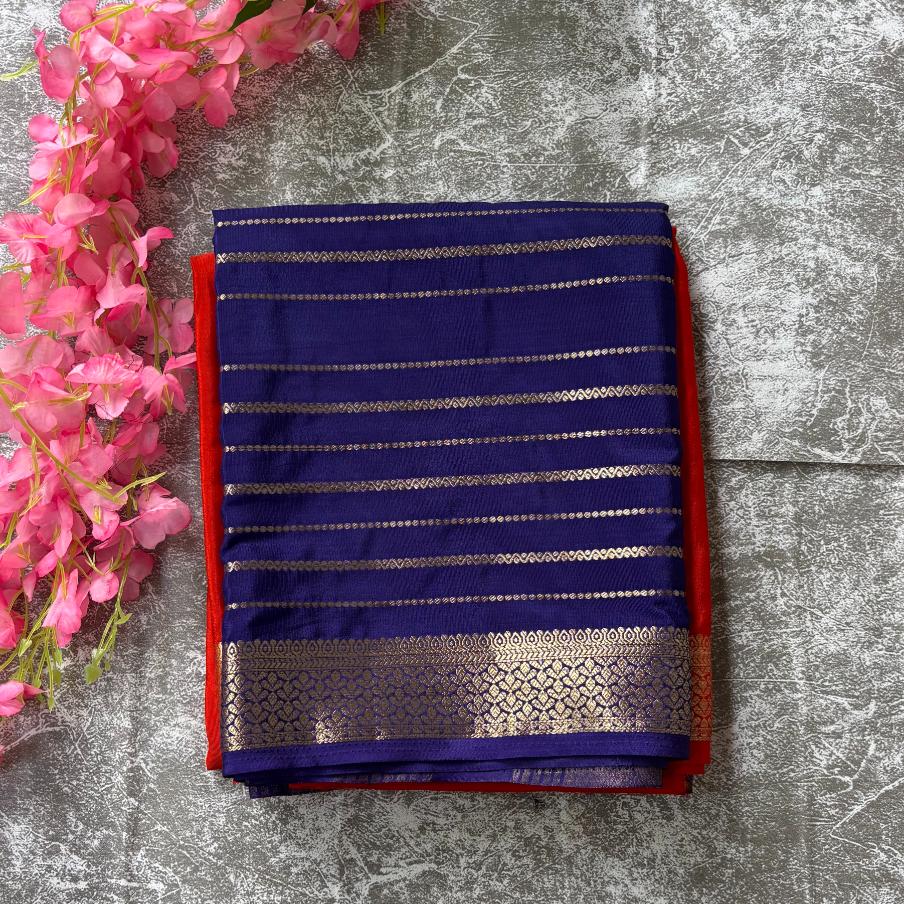 Deep orange and blue premium semi mysore crape saree