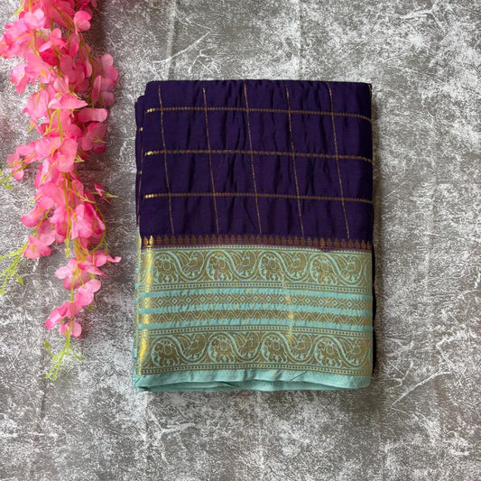Blue and Mint green checks Mysore crape silk semi