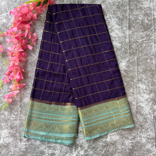 Blue and Mint green checks Mysore crape silk semi