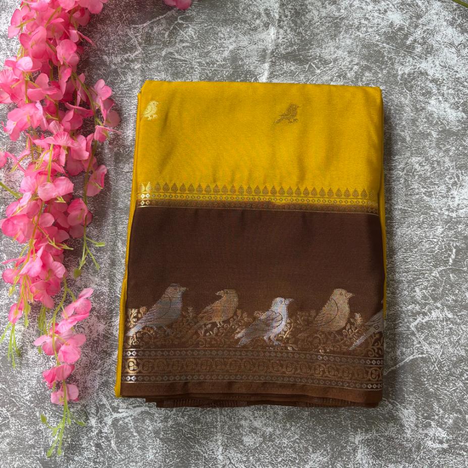 Musturd and brown premium Mysore crape silk semi