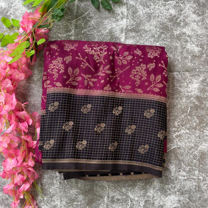 Rani pink and black chinon crape saree with jari weaving