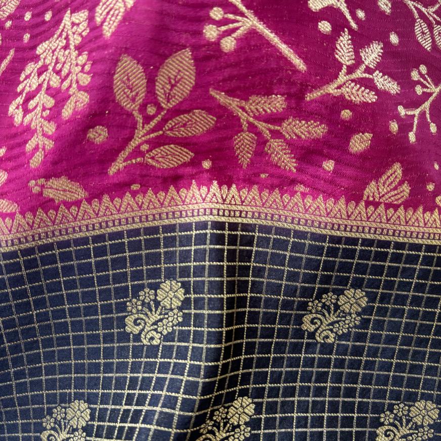 Rani pink and black chinon crape saree with jari weaving