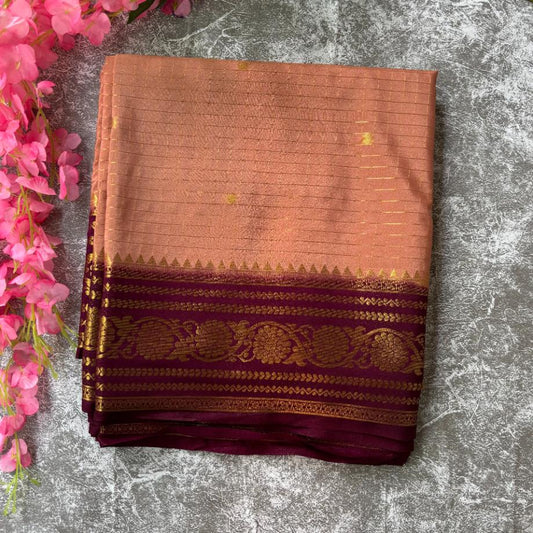 Peach and maroon checks Mysore crape silk semi