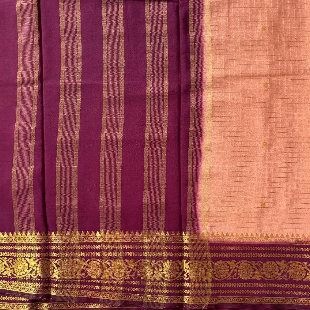 Peach and maroon checks Mysore crape silk semi
