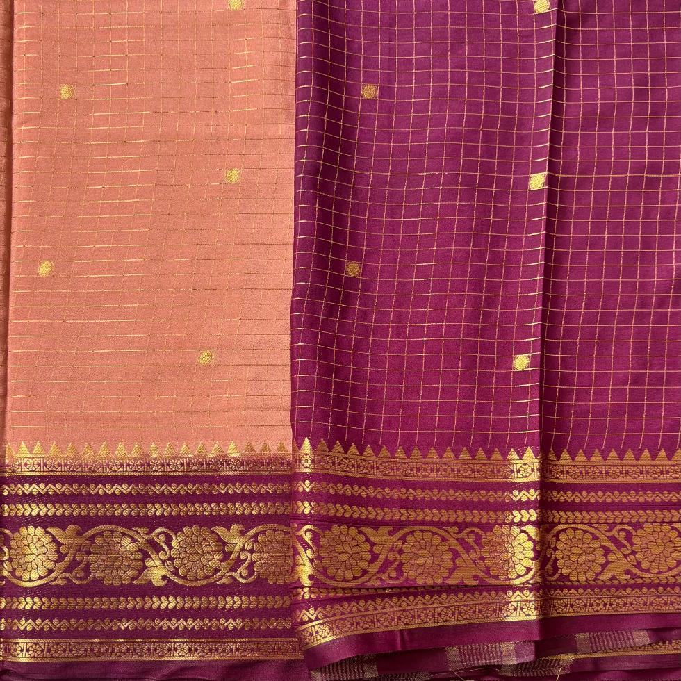 Peach and maroon checks Mysore crape silk semi