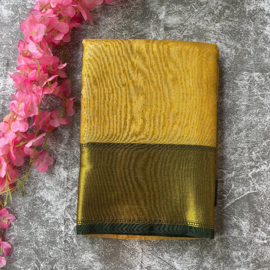 Yellow gold and bottle green tissue silk saree