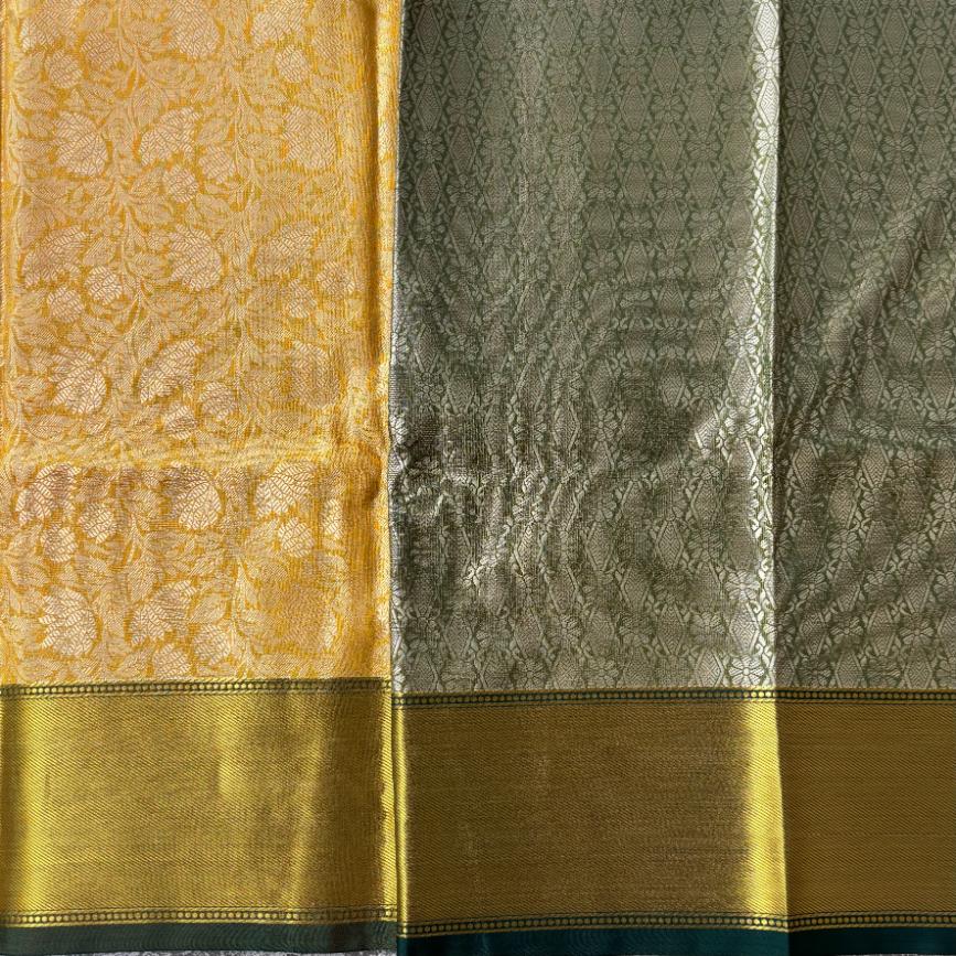 Yellow gold and bottle green tissue silk saree