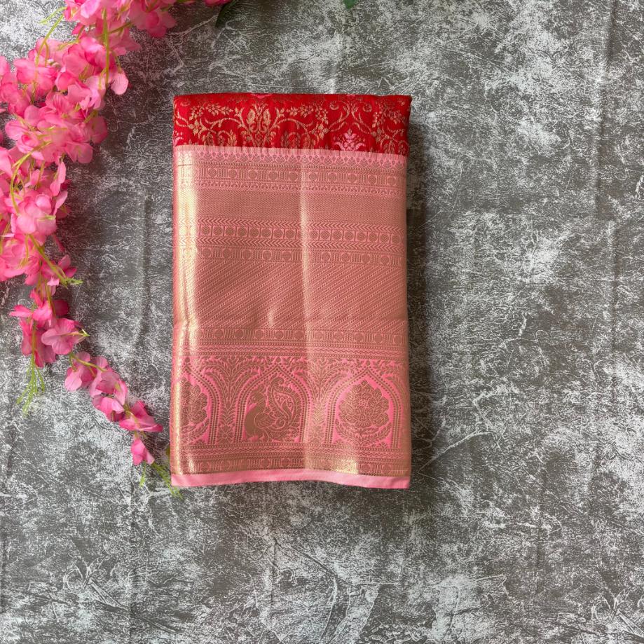 Red and pink pure mix kanjivaram saree