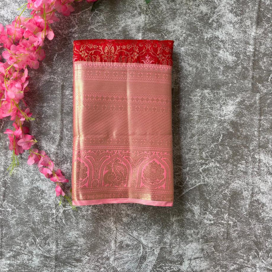 Red and pink pure mix kanjivaram saree