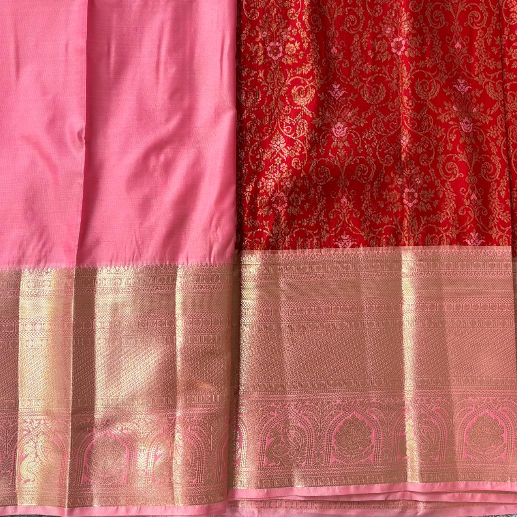 Red and pink pure mix kanjivaram saree