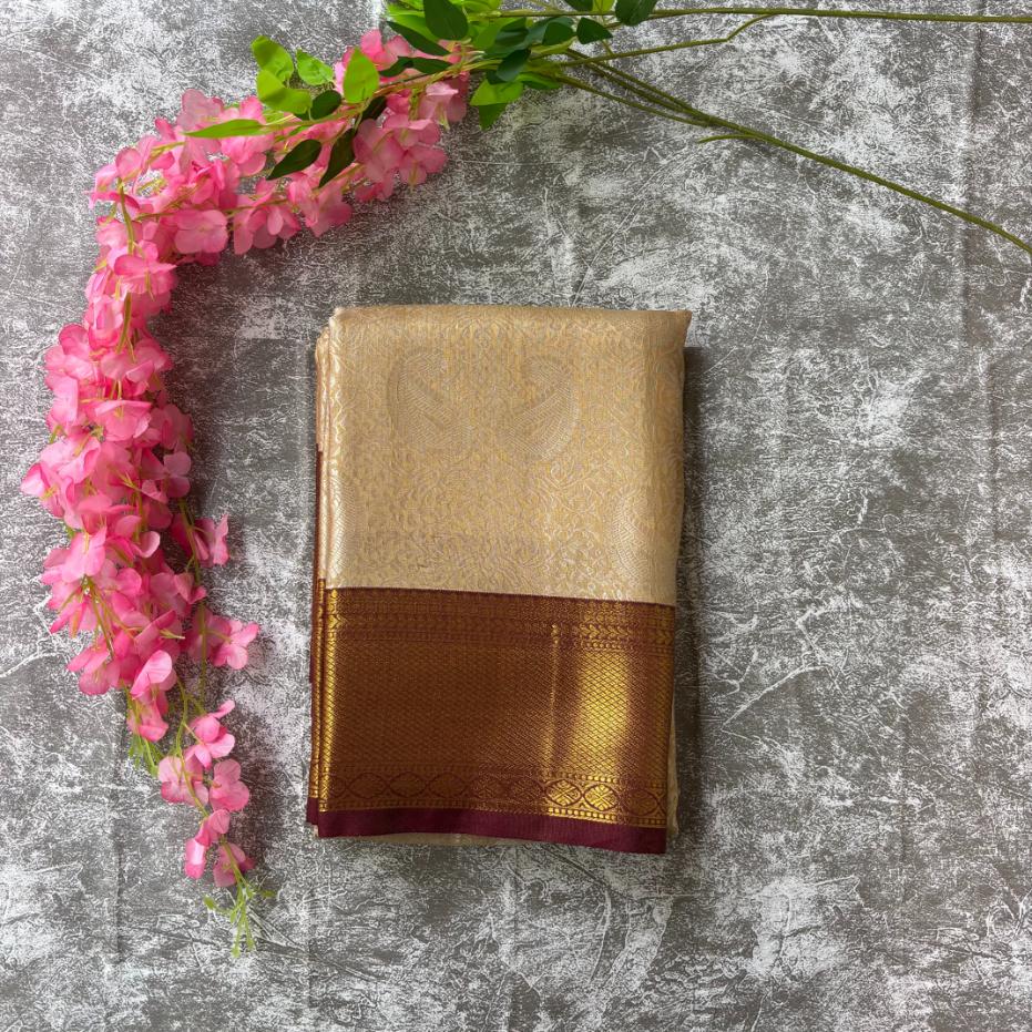 Beige gold and maroon tissue silk saree