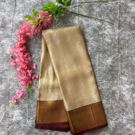 Beige gold and maroon tissue silk saree