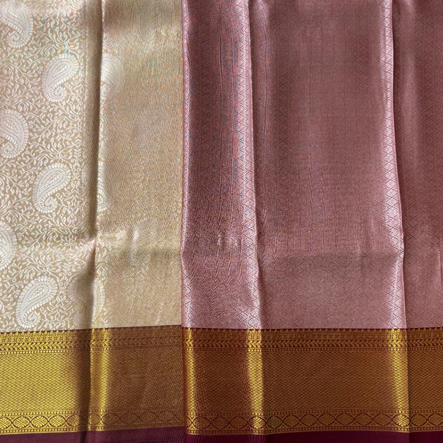 Beige gold and maroon tissue silk saree