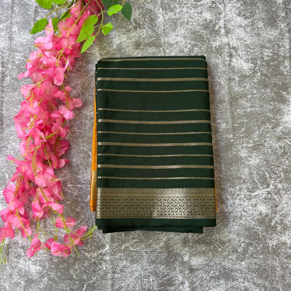 Mustard Yellow and bottle green premium semi mysore crape saree