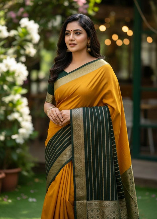 Mustard Yellow and bottle green premium semi mysore crape saree