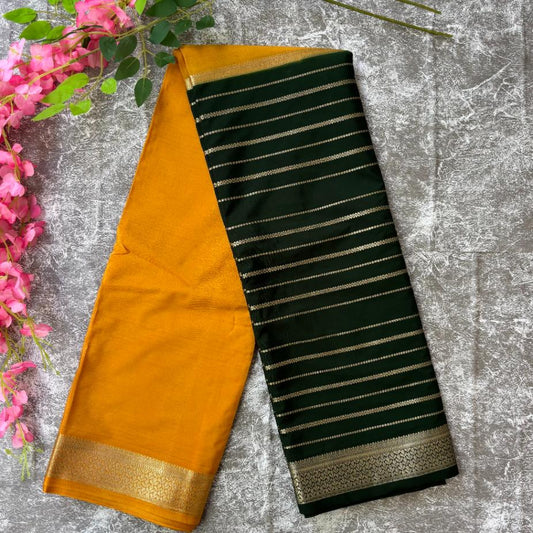 Mustard Yellow and bottle green premium semi mysore crape saree