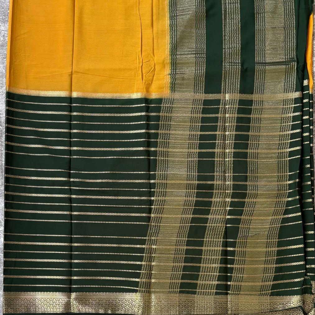 Mustard Yellow and bottle green premium semi mysore crape saree