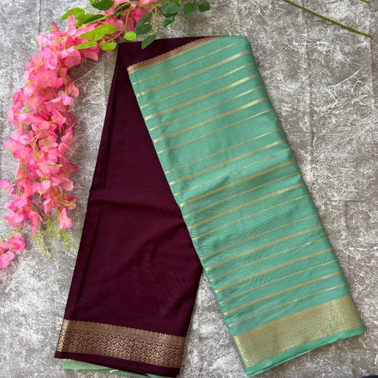 Deep Wine and sea green premium semi mysore crape saree