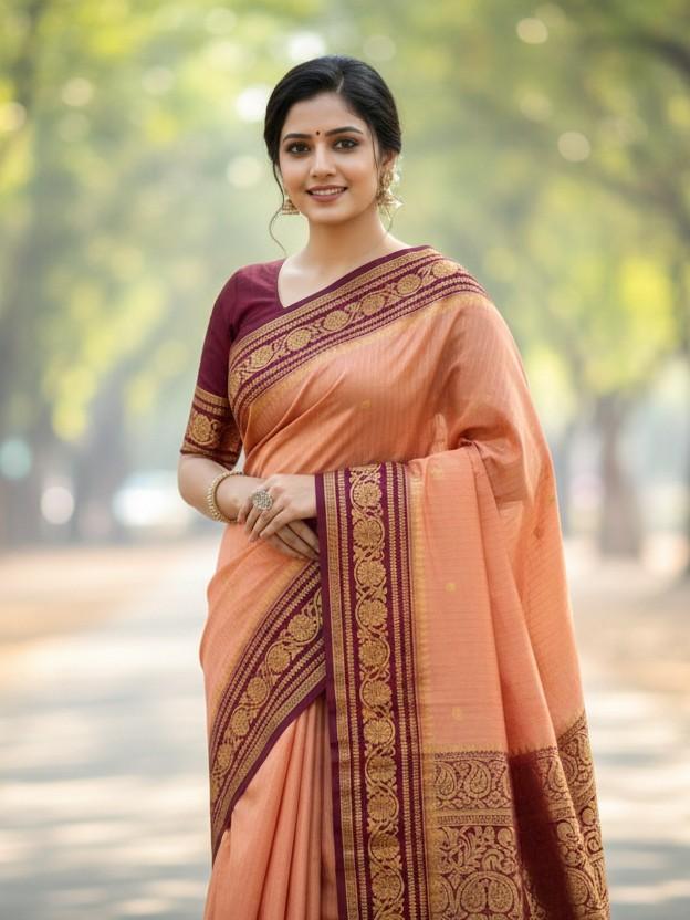 Peach and maroon checks Mysore crape silk semi
