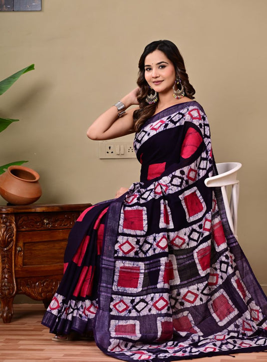 Bagru Handblock Print Linen Saree
