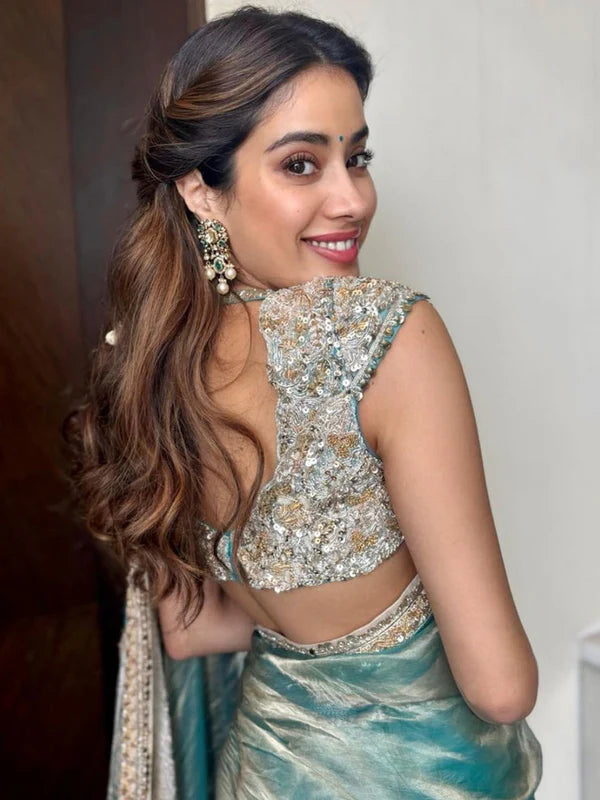 Janhvi Kapoor Inspired Aqua Blue Soft Tissue Silk Saree with Handmade Cutwork Laces