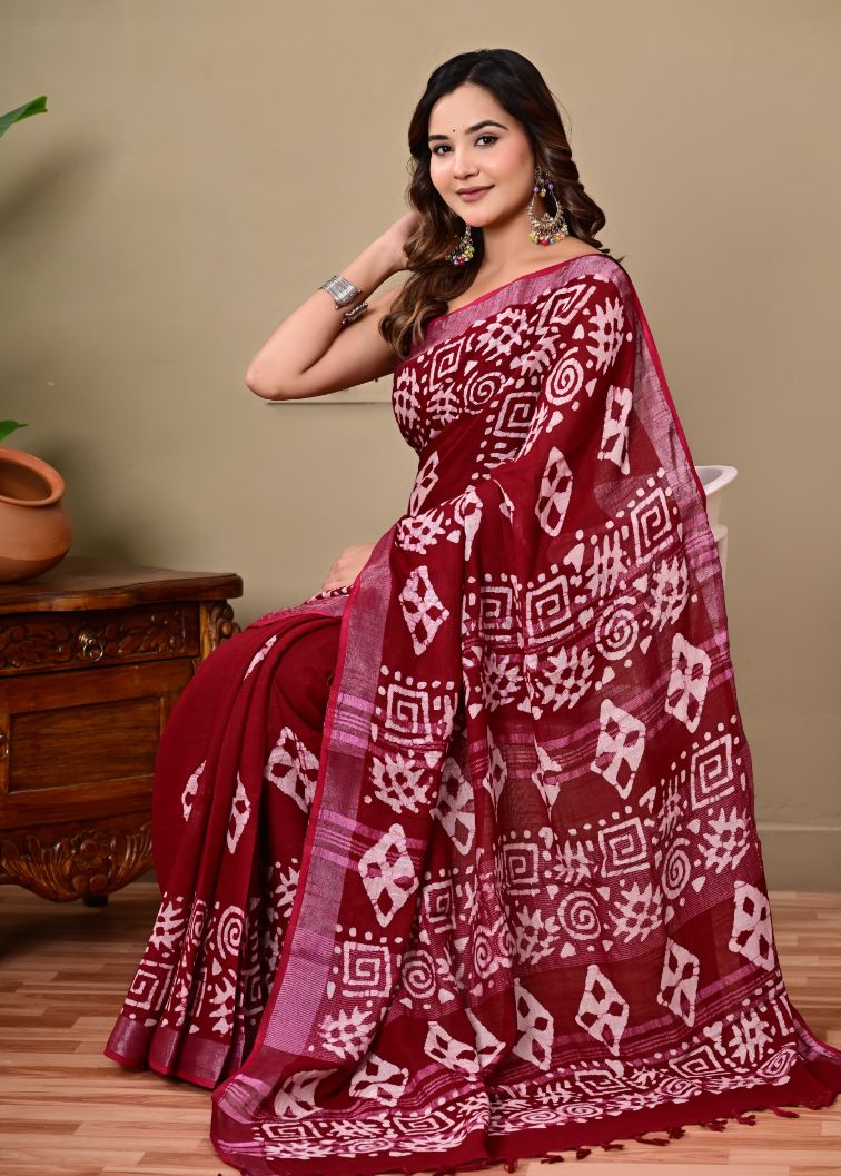 Bagru Handblock Print Linen Saree